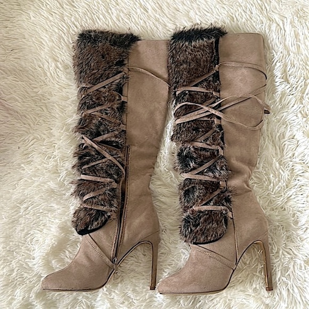 Suede Light Taupe Lace Up Faux Fur Boots - Picture 6 of 17